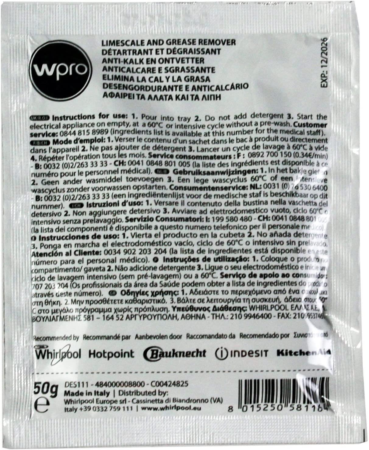Wpro DES121 C00424828 Descaler & Cleaner for Washing Machines and Dishwashers (12 Doses)